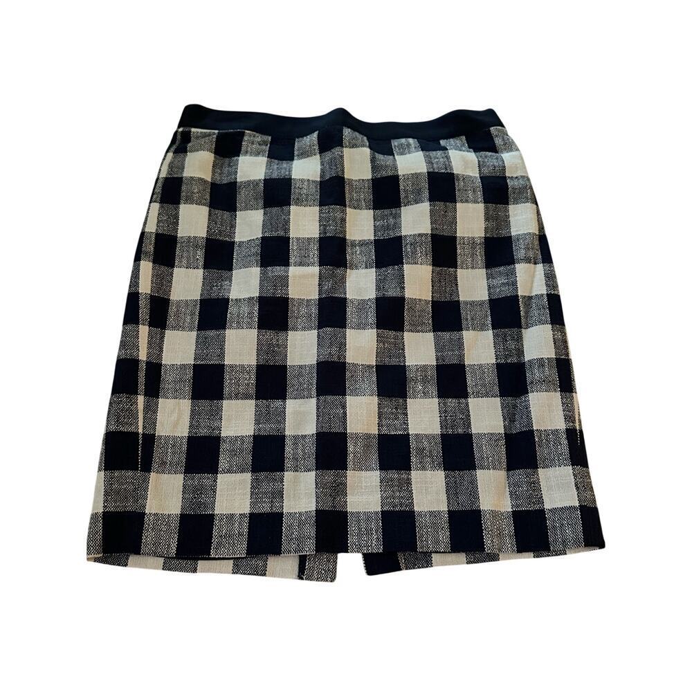 J. Crew Pencil Skirt Tweed Gingham Cotton Linen Blend Navy Off White Size 8